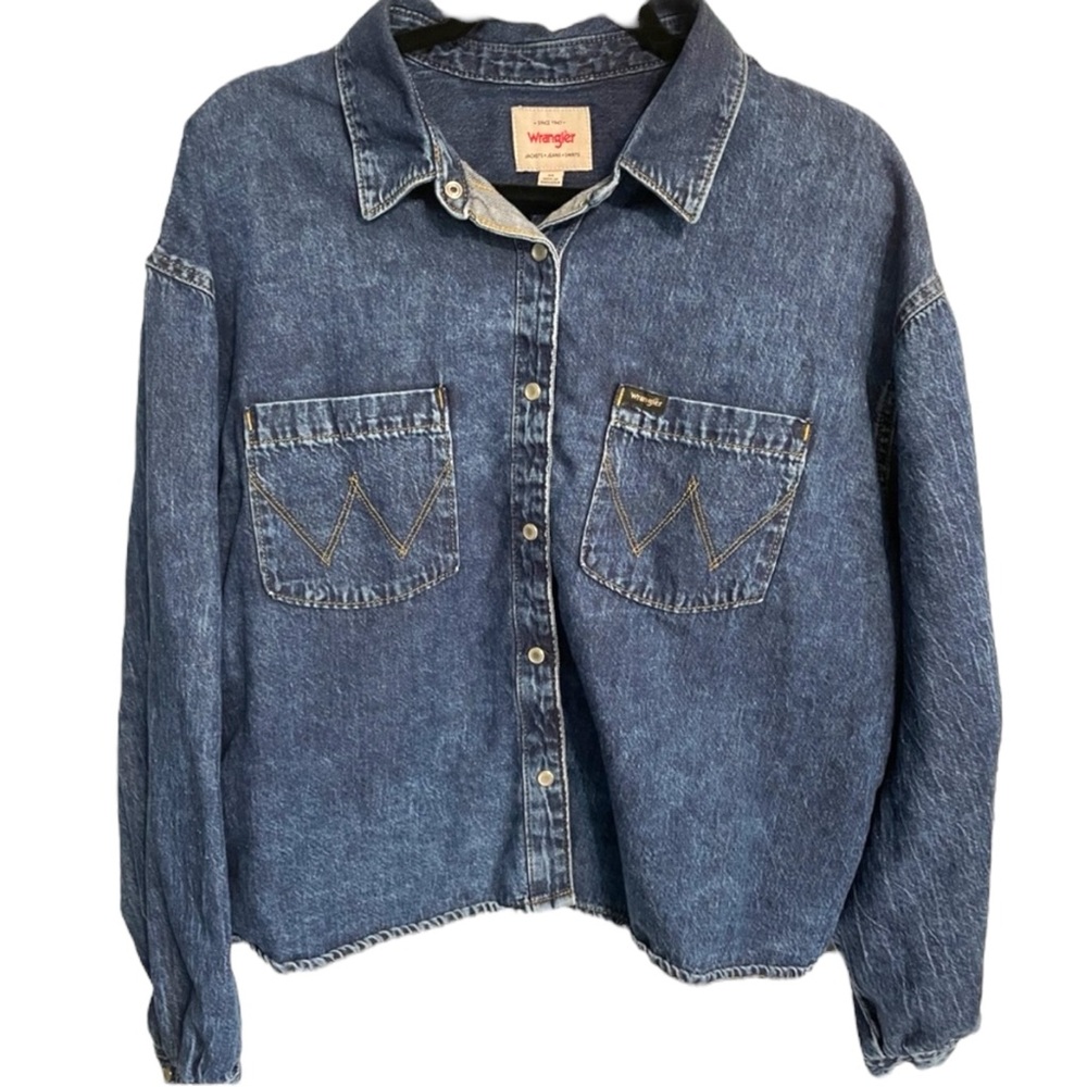 Wrangler’s Women's Girlfriend Shirt Dark Wash - Pearl Snap Crop Jean Shacket